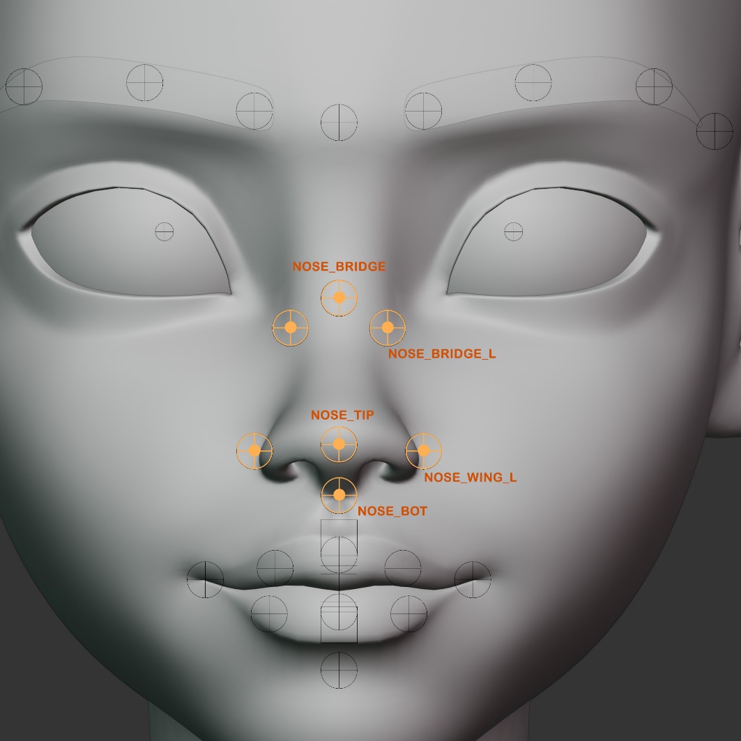Nose bridge, tip, and wing markers on a face mesh