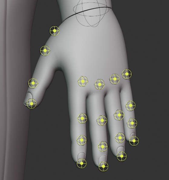 Finger markers placed on a hand mesh, tip and knuckle points highlighted