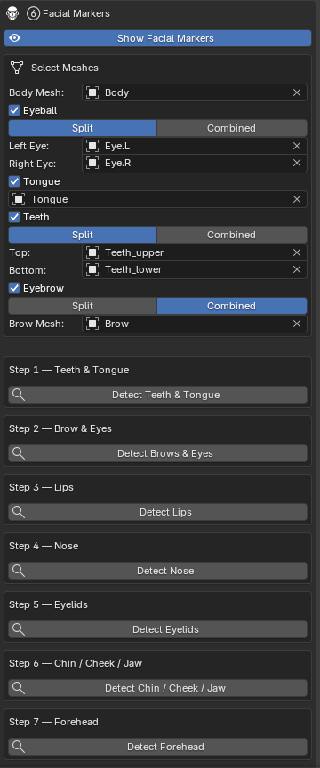 Facial markers panel with mesh pickers and detection steps
