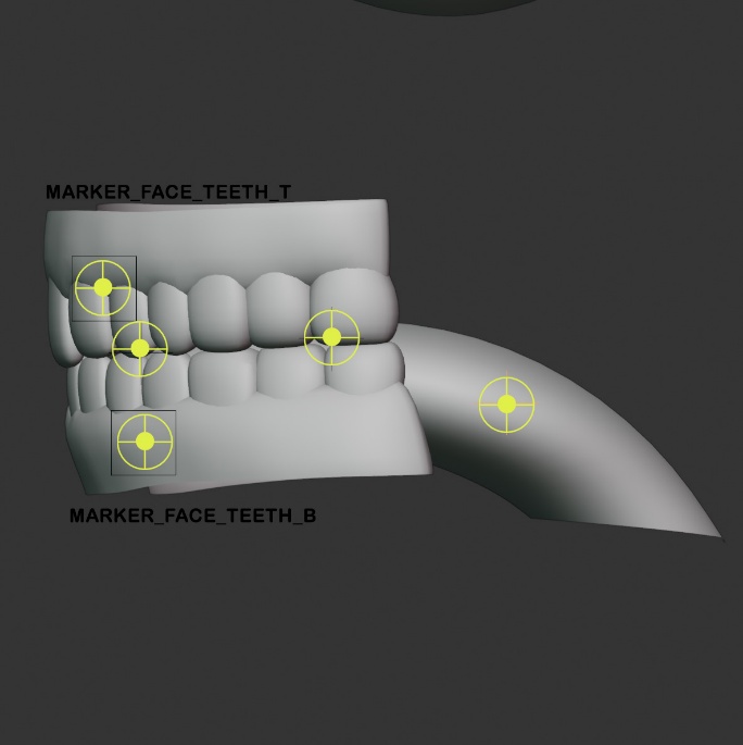 Teeth and tongue markers on a jaw mesh