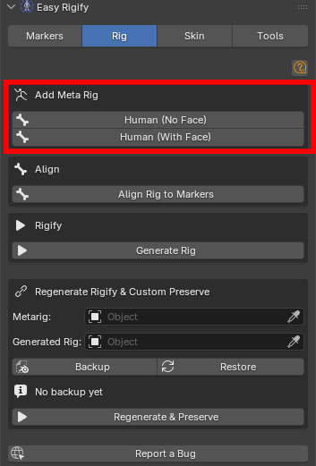 Add Meta Rig section highlighted, with Human (No Face) and Human (With Face) buttons