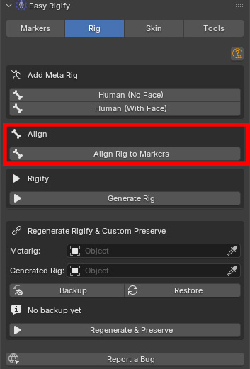 Align section highlighted with the Align Rig to Markers button