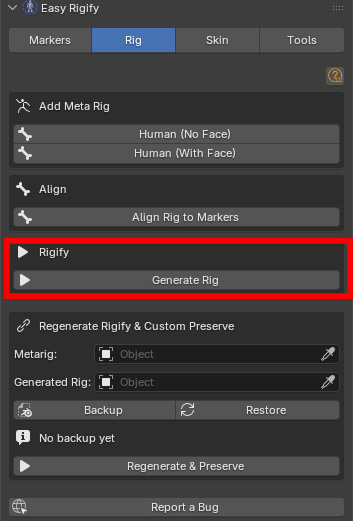 Rigify section highlighted with the Generate Rig button