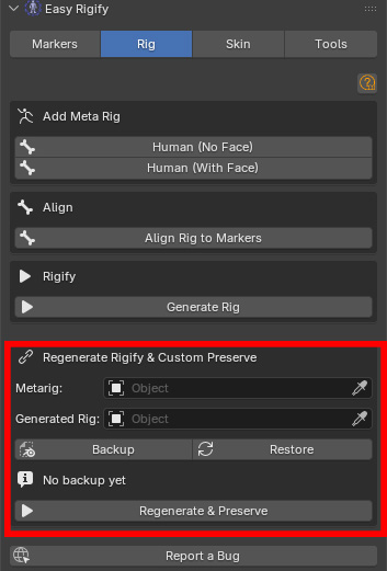 Regenerate Rigify and Custom Preserve section with Metarig, Generated Rig, Backup, and Restore controls