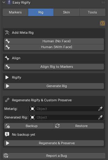 Rig tab panel showing Add Meta Rig, Align, Rigify, and Regenerate sections