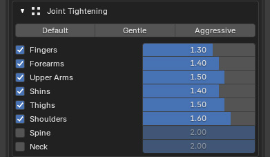 Joint Tightening panel with per-region enable toggles and feather sliders
