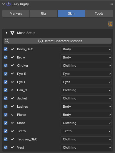Mesh Setup panel listing detected meshes with type dropdowns